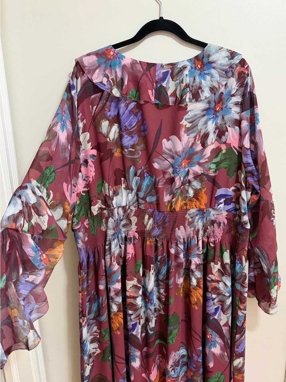 Soft Surroundings Floral Ruffle Maxi Dress Maroon Burgundy Plus Size 3X - Picture 10 of 12